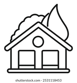 House on fire with big flame burning roof icon, insurance concept, outline style