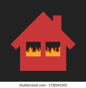 House on Fire - building is burning- orange and yellow flames in the window. Catastrophe and disaster. Vector illustration.
