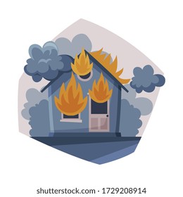 Casa en llamas, edificio en llamas con humo, iluminación vectorial de la contaminación del aire