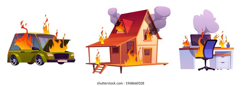 House On Fire, Burning Car And Computer On Table. Objects With Flame And Clouds Of Black Smoke Isolated On White Background. Concept Of Disaster, Accident, Danger. Vector Cartoon Set