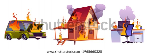 House on\
fire, burning car and computer on table. Objects with flame and\
clouds of black smoke isolated on white background. Concept of\
disaster, accident, danger. Vector cartoon\
set