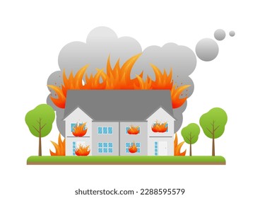 House on fire. Fire in the house. Burning house. Fire Insurance .Vector Illustration Isolated on White Background. 