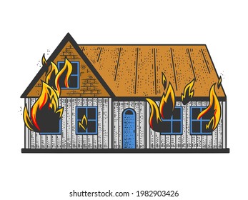 house on fire color line art sketch engraving vector illustration. T-shirt apparel print design. Scratch board imitation. Black and white hand drawn image.