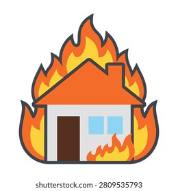 A house is on fire with flames engulfing the roof and walls creating an emergency situation