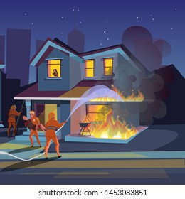 House On Fire Flat Vector Illustration. Firefighters Try To Extinguish Burning House. Firemen Putting Out Building. Fireman Rescue People Cartoon Character. Fire Truck, Equipment. Flame Accident