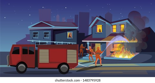 House on fire flat vector illustration. Firefighters try to extinguish burning house. Firemen putting out building. Fireman rescue people cartoon character. Fire truck, equipment. Flame accident