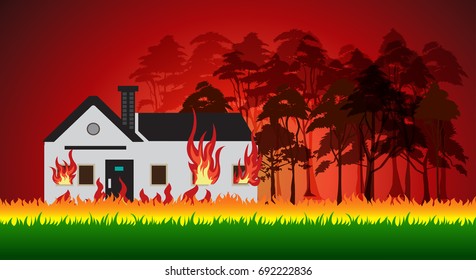 House On Fire And Forest Fires , Wildfire Disaster Illustration, Burning Trees, Nature In Danger Vector Design.