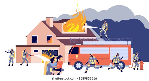 House on fire. Group firemen fighting extinguish burning house. Rescue people, fire truck equipment, firehose spraying water vector concept