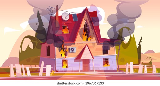 House on fire, home burn with flame and clouds of black smoke. Concept of disaster, accident, danger. Vector cartoon landscape with burning old suburban cottage, fence and green trees