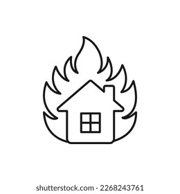 Estilo de línea de icono de House on fire aislado en fondo blanco. Ilustración del vector