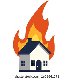 House on fire illustration featuring bright orange and yellow flames engulfing a residential building. Symbolizing danger, disaster, and emergency situations. Ideal for fire safety, hazard warnings, a