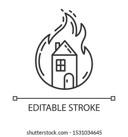 House on fire linear icon. Burning building. Arson of property. Home combustion. Insurance case. Thin line illustration. Contour symbol. Vector isolated outline drawing. Editable stroke