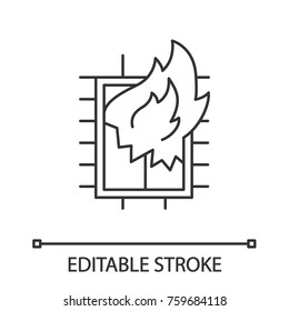 House on fire linear icon. Burning broken window. Thin line illustration. Contour symbol. Vector isolated outline drawing. Editable stroke