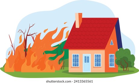 House on fire surrounded by flames with trees and blue sky. Wildfire near residential building vector illustration. Home safety, emergency and natural disaster concept.