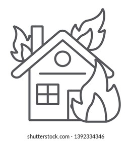 House on fire thin line icon, burn and accident, burning home sign, vector graphics, a linear pattern on a white background, eps 10.