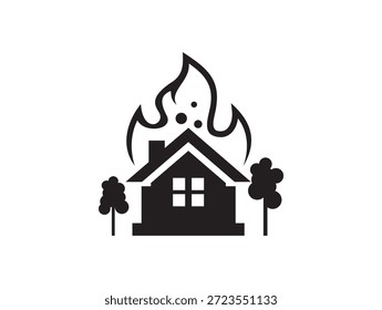 Casa en el icono del Vector del fuego aislado en el fondo blanco
