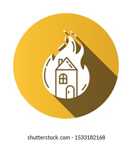 House on fire yellow flat design long shadow glyph icon. Burning building. Arson of property. Home combustion. Ignoring fire safety regulations. Insurance case. Vector silhouette illustration