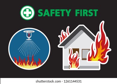 House On Fire,fire Sprinkler ,Firefighter Vector, Safety First