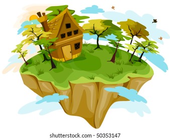 House On Floating Island - Vector