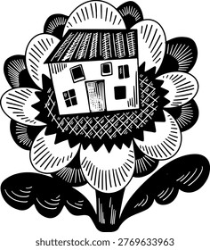 The house on the flower. A flower is a house. Illustration for a postcard, tattoo, or print for clothes