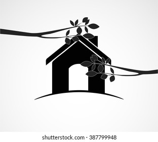House on forest glade with trees, vector, isolated