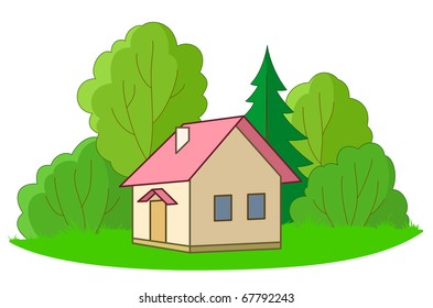 House on forest glade with trees, vector, isolated
