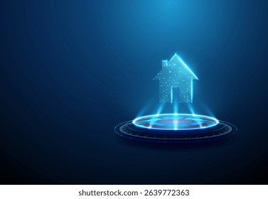 House on futuristic podium. Smart home, home automation, urban technology, digital infrastructure concept. Glowing house symbol, sci-fi platform. Modern 3D graphic, neon lighting, light beams. Vector.