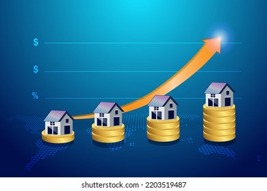House on gold coin stack with rising graph price. Concept of real estate market, economic inflation, cost of house construction, home insurance service price growth