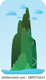 House on green hills with a path leading to the sea. Vector flat illustration in bright colors. Secluded house in the mountains. Design for posters, cards, t-shirts, stamps, backgrounds.
