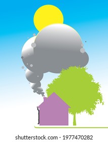 House on a green lawn next to a tree.  A flat one-color house with smoke coming out of the chimney.  Sunny day.  Icon, logo