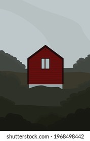 House on a green meadow with bushes. Vector image of a dark red house among green grass and gray sky. Design for cards, posters, backgrounds, templates, textiles, banners, menus, cartoons.