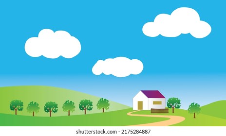 A house on a green mountain surrounded by trees, white clouds, clear sky.