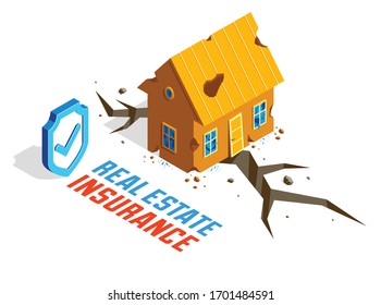 House on ground crack because of earthquake real estate insurance concept vector isometric illustration isolated on white background, natural disaster protection.