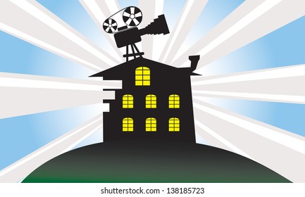 the house on a height with a video camera on a roof