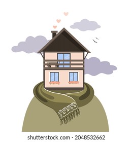 House on a hill, cartoon autumn landscape. Hygge and cosy autumn concept. Countryside scene. Vector illustration.