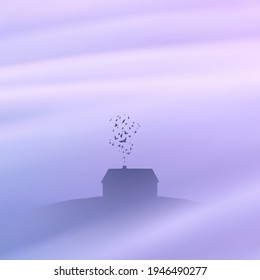 House on hill. Flock of birds flying above clouds. Abstract fog waves