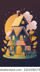 A house on a hill with a full moon in the background