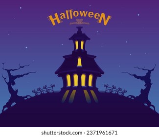 House on a hill, light in the windows, wrought-iron fence, old branchy trees. An ancient house tower on a high hill under the night sky. Halloween background, cartoon vector, banner, poster.