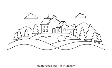 Casa en una colina, con árboles exuberantes y majestuosas montañas Ilustración vectorial plana de arte de línea continua sobre fondo blanco