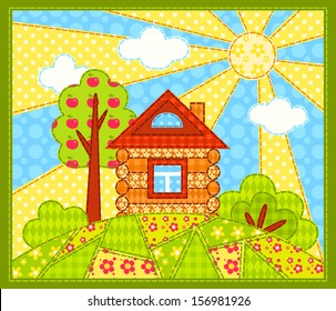 The house on the hill. Patchwork picture. Vector children illustration.