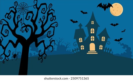 Uma casa na colina com uma atmosfera assustadora de Halloween, apresentando um fundo de túmulos, árvores antigas sem folhas, uma lua, uma aranha, uma teia de aranha e morcegos.