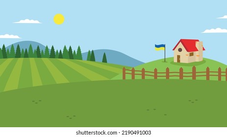 House on a hill with Ukrainian flag