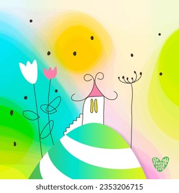 House on the hilll, Do all things with love, colorful illustration, hand drawn, fairytale, printable wall decor, nature