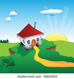 The house on the hillside, the sun rise. Vector illustration.