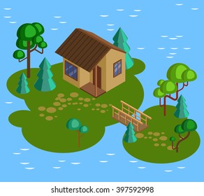 House on the island. Isometric house in the forrest on the island, Game design, 3 d house on the island, isometric game design, isometric cabin. isometric lake, isometric beidge house  forest log