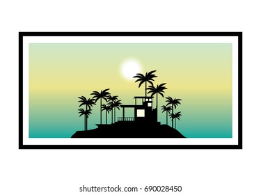  house on the island with palms and sky
vector flat tropical nature illustration