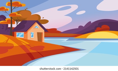 House on the lake in autumn season. Beautiful nature landscape.