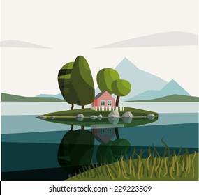 House on the lake. Day. Vector illustration.
