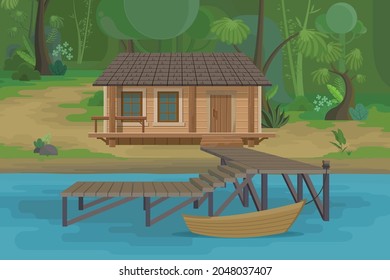 House on the lake Vector Art Illustration