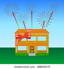 House on the lawn, tied with a festive ribbon, fireworks in the sky